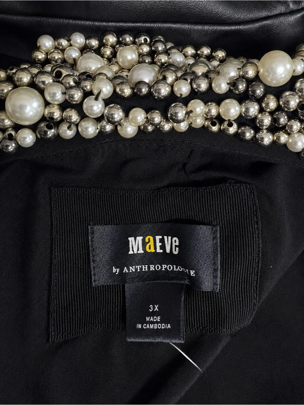 Anthropologie Maeve Faux Leather Embellished Pearl Collar Puff Sleeve Top